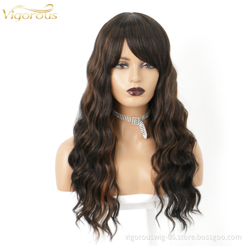 Vigorous loose wave curly long highlight brown hair with bang heat resistant synthetic fiber wig no lace front for women